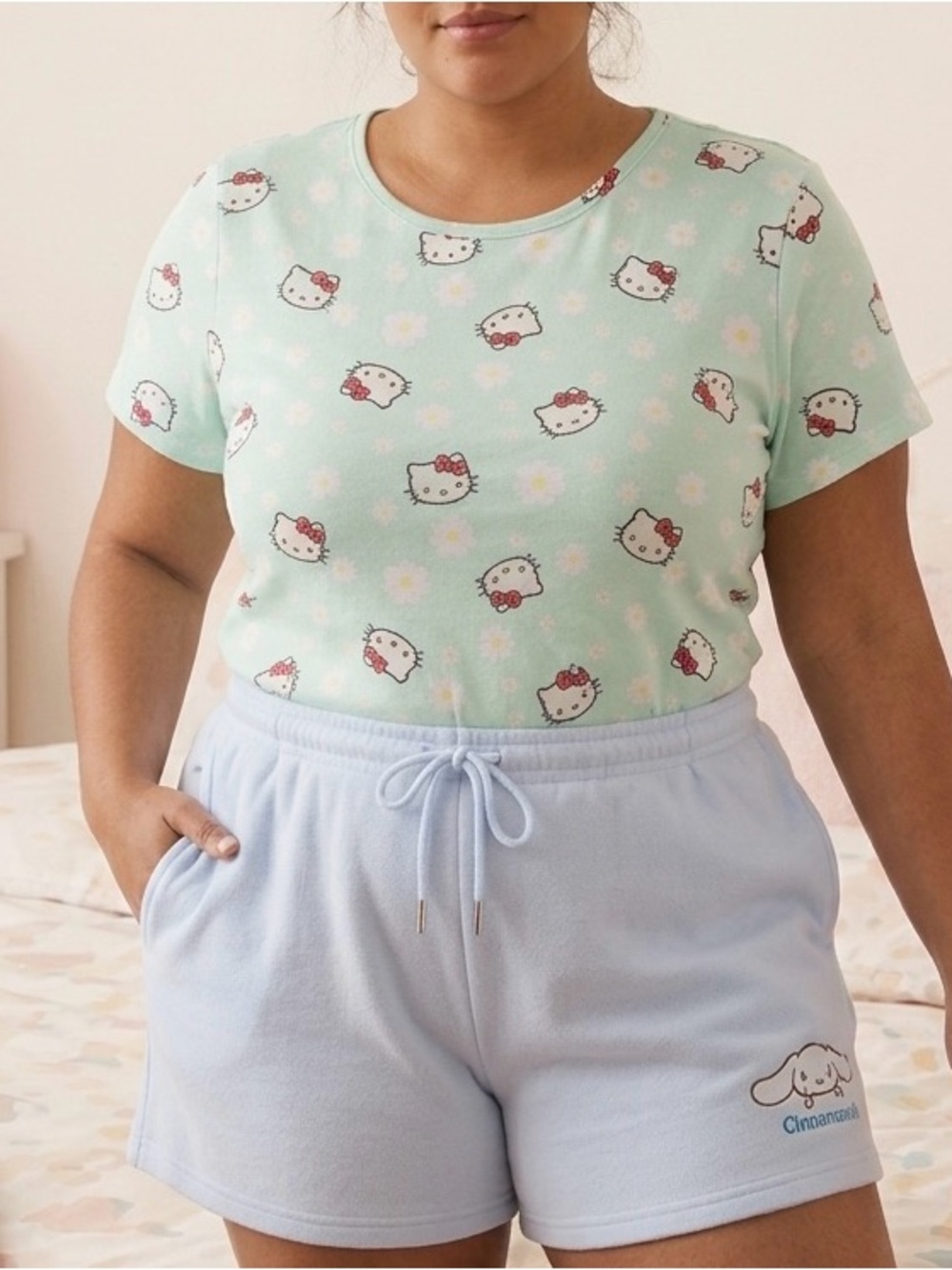 Sanrio Hello Kitty Cinnamoroll Baby Blue Shorts+Hello Kitty Tee. Kawaii Coquette